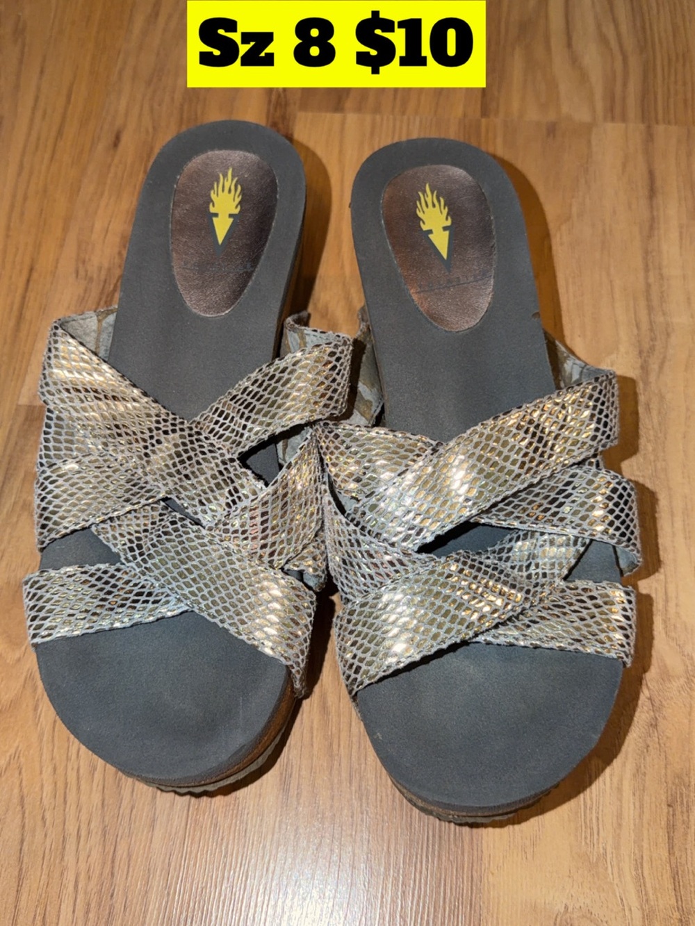 Volatile Metallic Snake-Print Crisscross Slide Sandals in Black and Gold